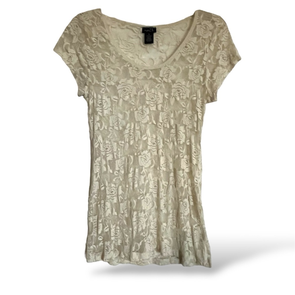 Feminine Cream Floral Lace Cap-Sleeve Sheer Layering Indie Fairy Tunic Perfect